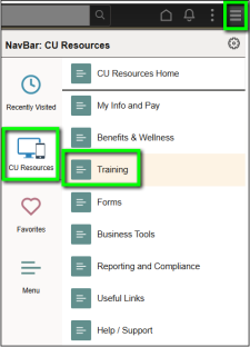 On the MyCUInfo CU Resources tab, select the menu icon on the upper right to open the NavBar, then select CU Resources, then Training.