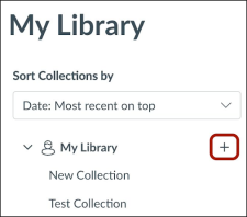 In the navigation panel on the My Library page, a clickable plus icon appears to the right of the My Library heading.