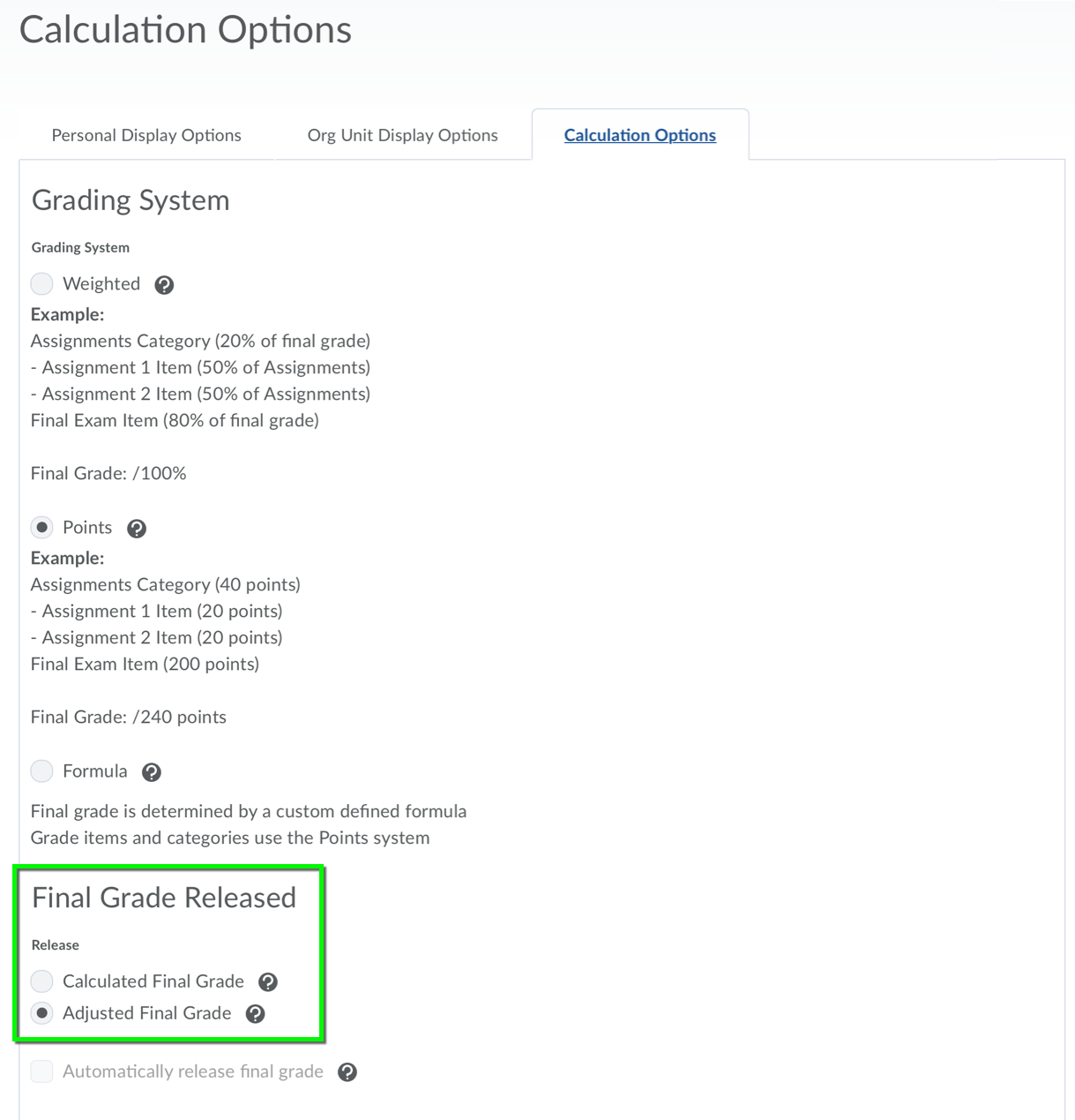 d2l change final grade calculation settings office of grade by points